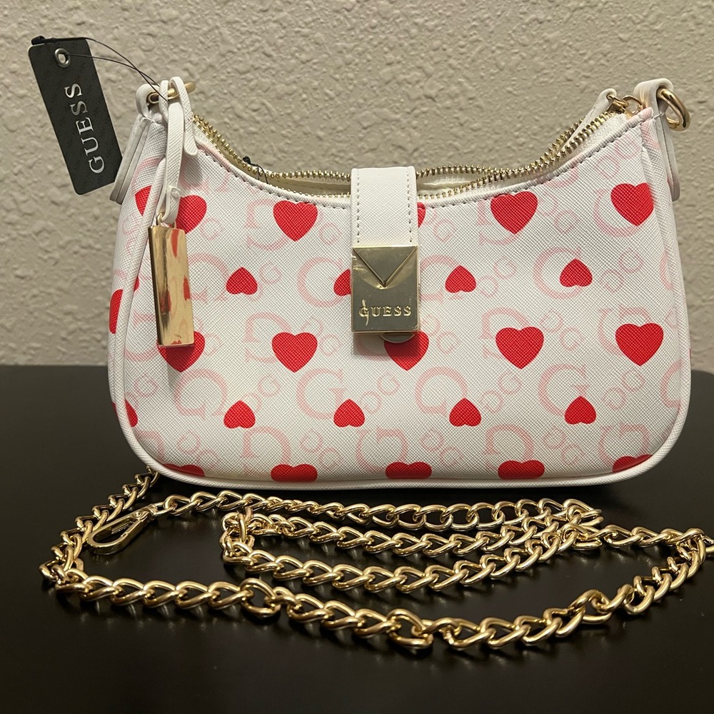 GUESS Red Heart Pattern Shoulder Bag